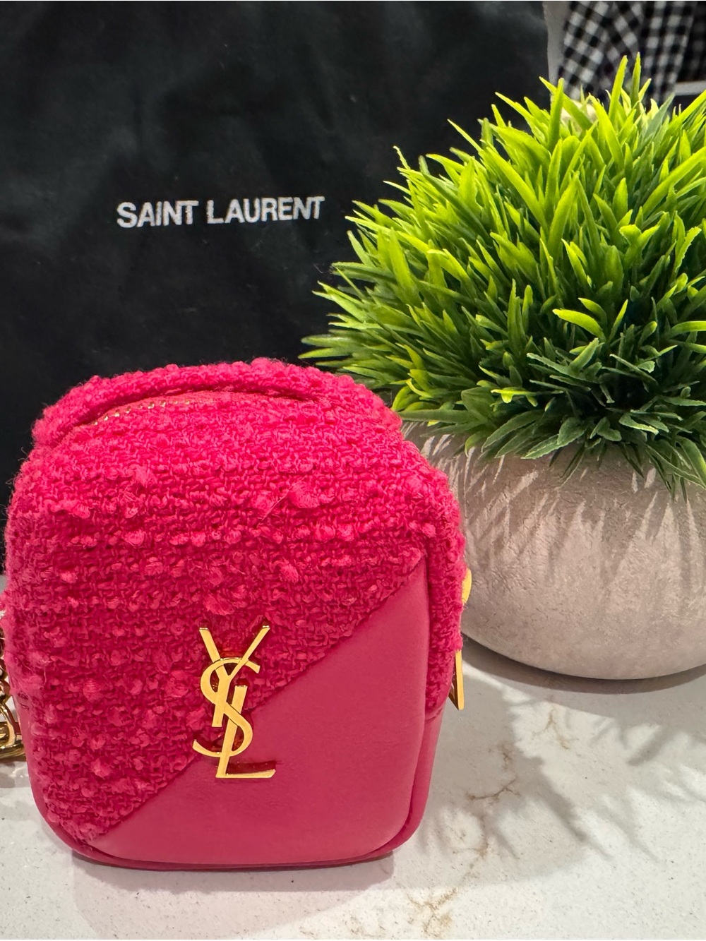 Saint Laurent Hot Pink Bouclé Mini Pouch with Gold Zipper and key chain